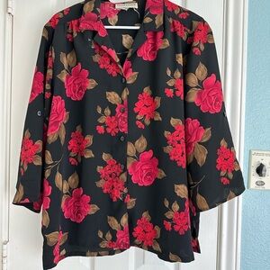 vintage Donnkenny women's black red gold floral button-up blouse size XL